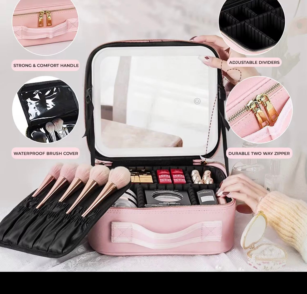 Bolso portátil de maquillaje con espejo LED