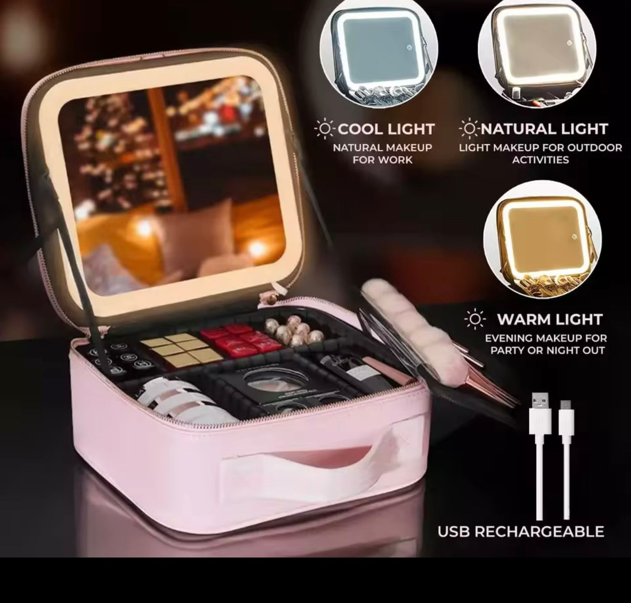 Bolso portátil de maquillaje con espejo LED